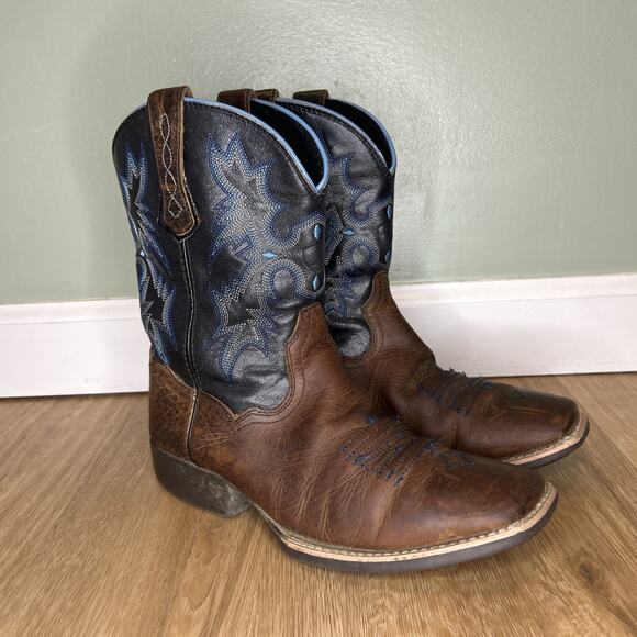 Ariat Boys' 4 Cowboy Boots Tombstone Brown Blue Western Ranch Leather Square Toe - Picture 1 of 8